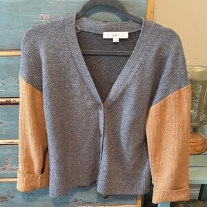 LOFT Gray sz small Gray & Camel Color-Block Sleeve V-Neck Cardigan
